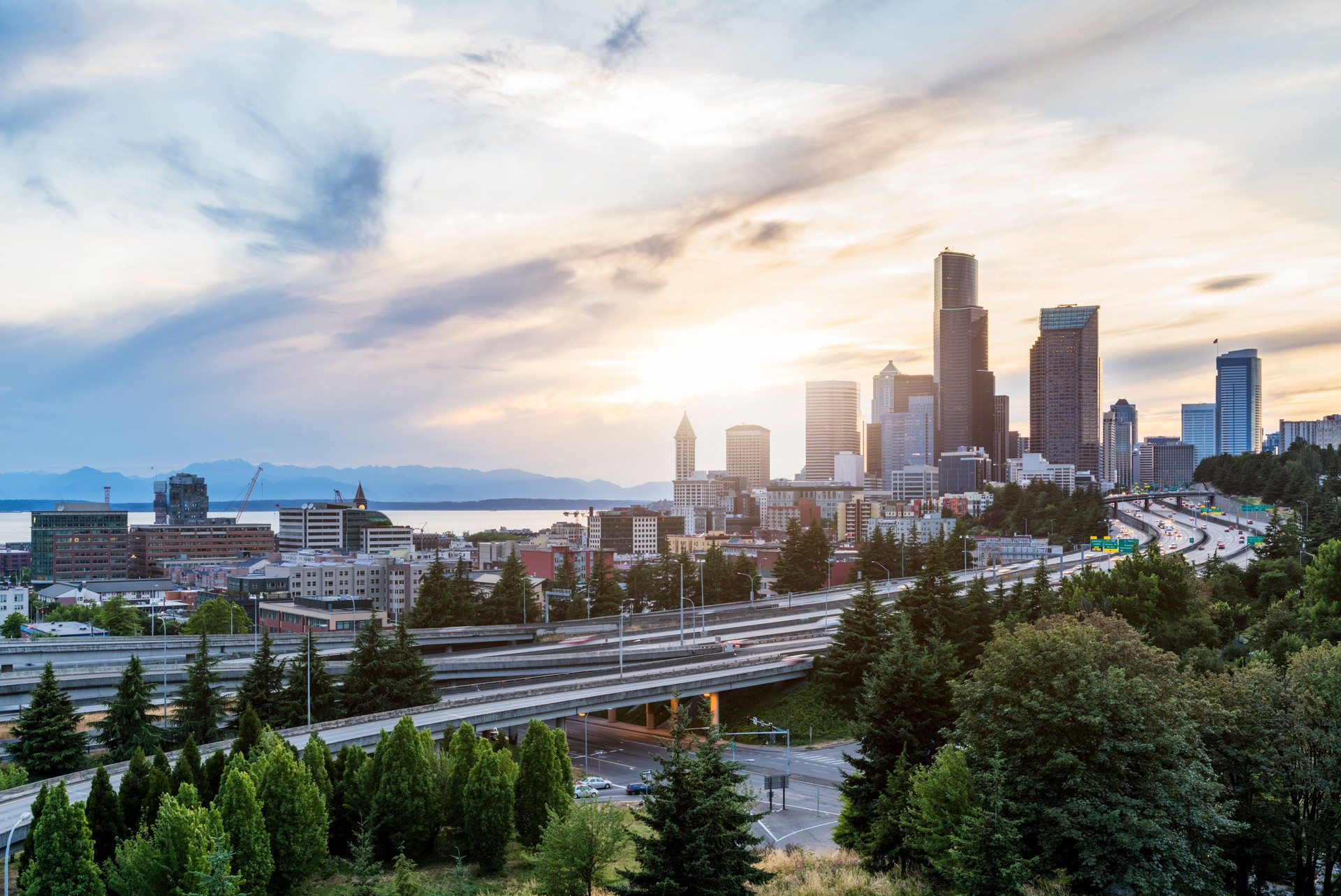 Seattle Commute. The Seattle, Washington skyline at sunset