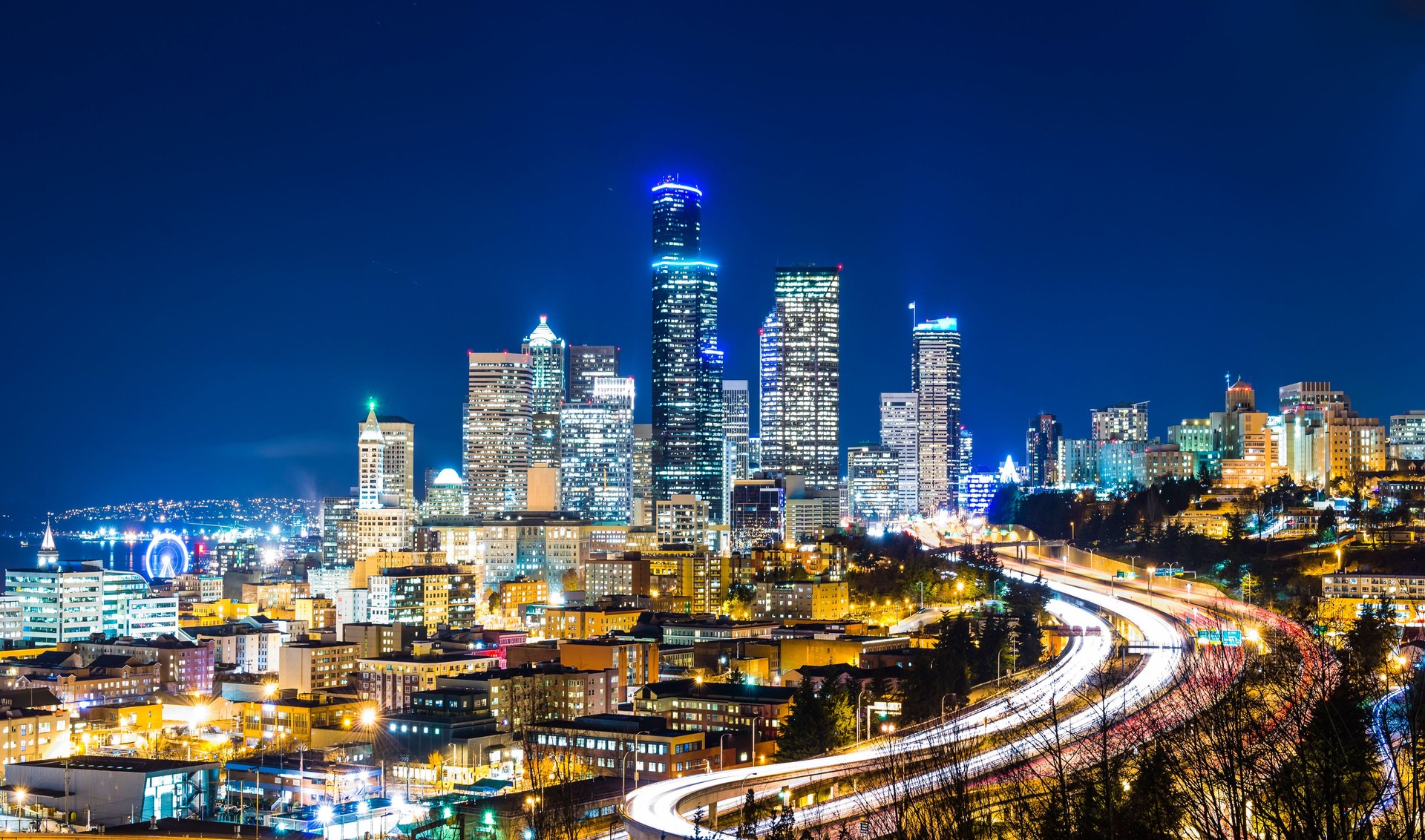 seatte city scape with freeway at night,Washington,usa.